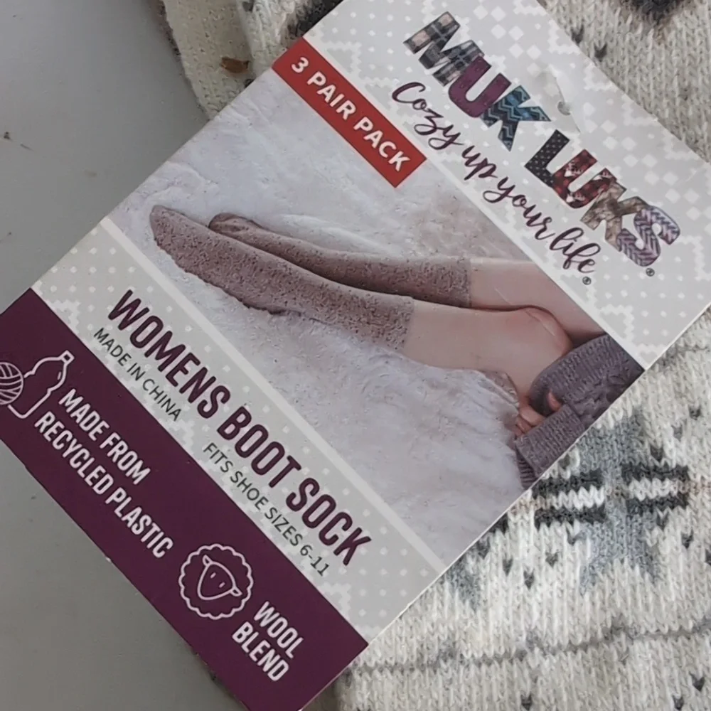 Muk Luks Womens 3-Pair Boot Socks Brown And Tan New Wool Blend 6-11
